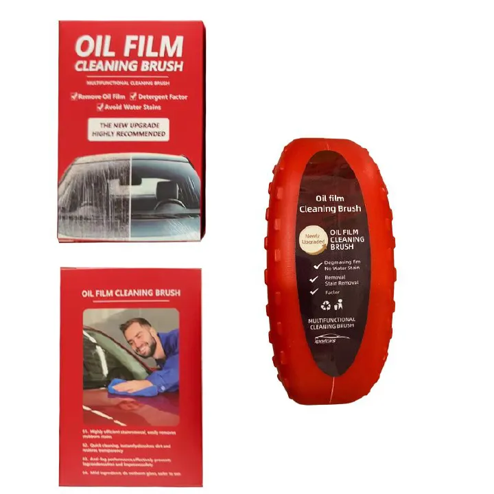 Car glass oil film cleaner, red, strong power, removes oil film and dirt from front windshield, side windows, and rearview mirrors, with cleaning brush included
