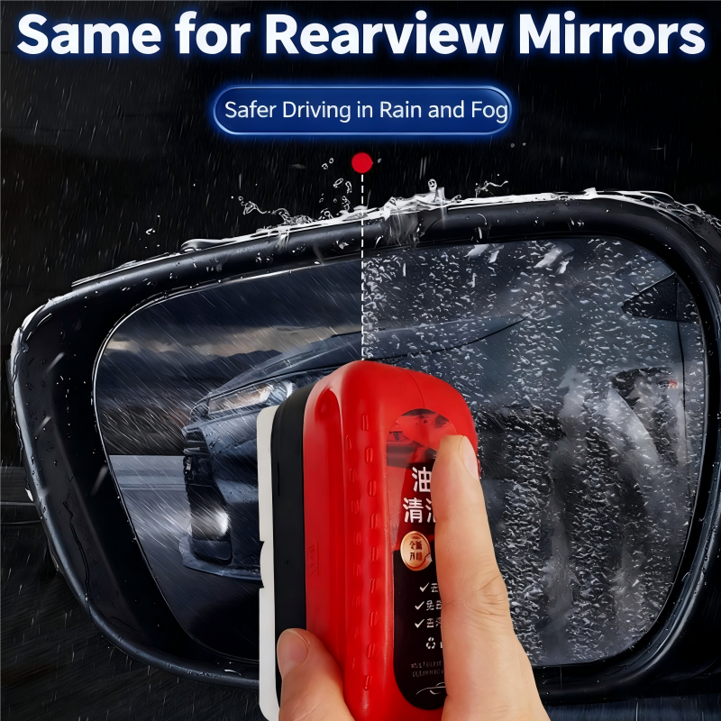 Car glass oil film cleaner, red, strong power, removes oil film and dirt from front windshield, side windows, and rearview mirrors, with cleaning brush included