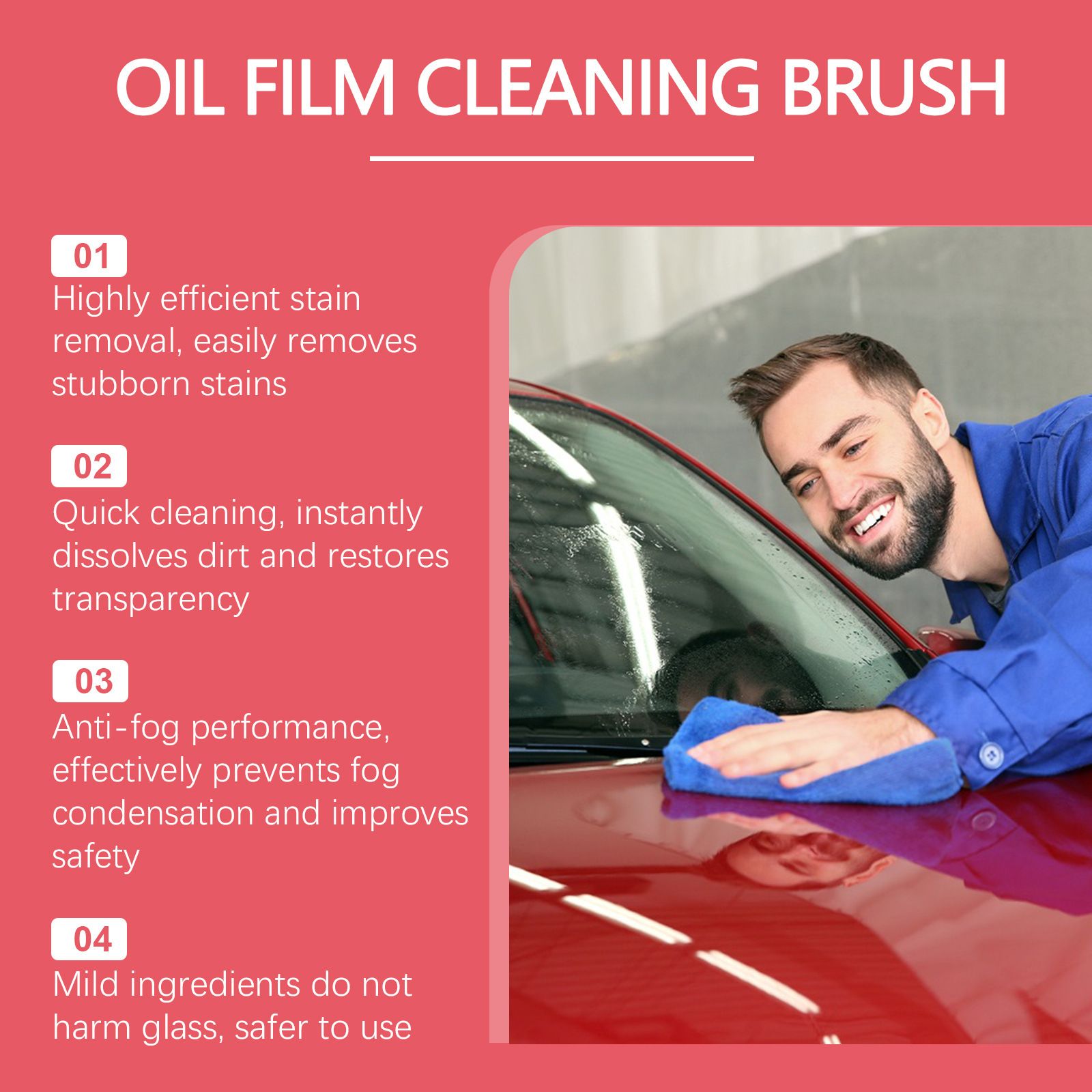 Car glass oil film cleaner, red, strong power, removes oil film and dirt from front windshield, side windows, and rearview mirrors, with cleaning brush included