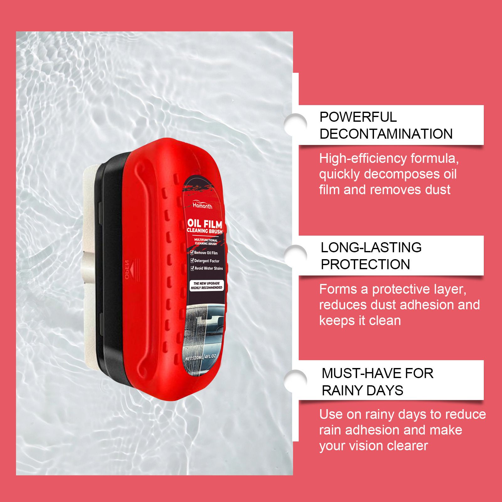 Car glass oil film cleaner, red, strong power, removes oil film and dirt from front windshield, side windows, and rearview mirrors, with cleaning brush included