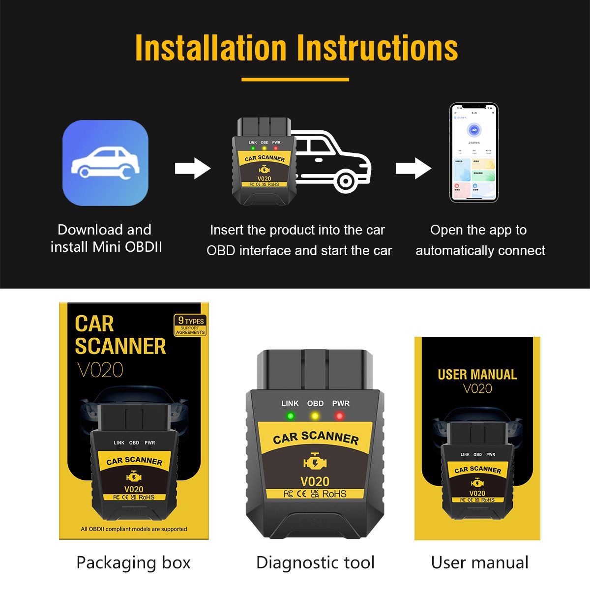 Car Engine Automatic Diagnostic Scanner Tool Bluetooth OBD2 Fault Detector V020 Mini OBDII Diagnostic Bluetooth Device OBD2 Car Code Reader Scanner Compatible with Windows and Android  and iOS