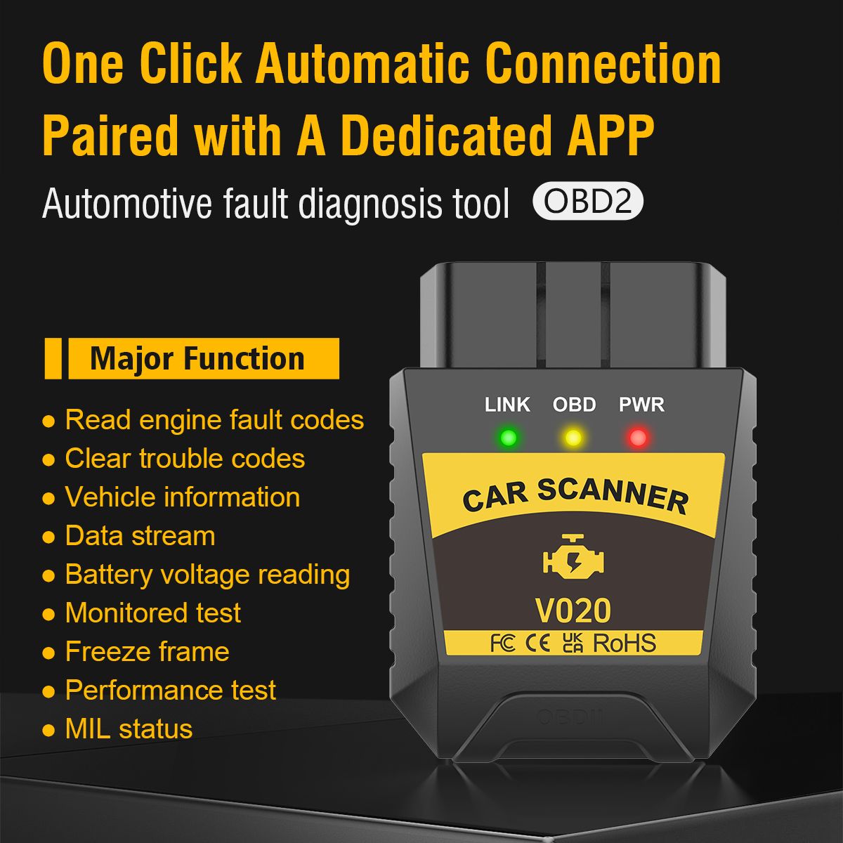 Car Engine Automatic Diagnostic Scanner Tool Bluetooth OBD2 Fault Detector V020 Mini OBDII Diagnostic Bluetooth Device OBD2 Car Code Reader Scanner Compatible with Windows and Android  and iOS