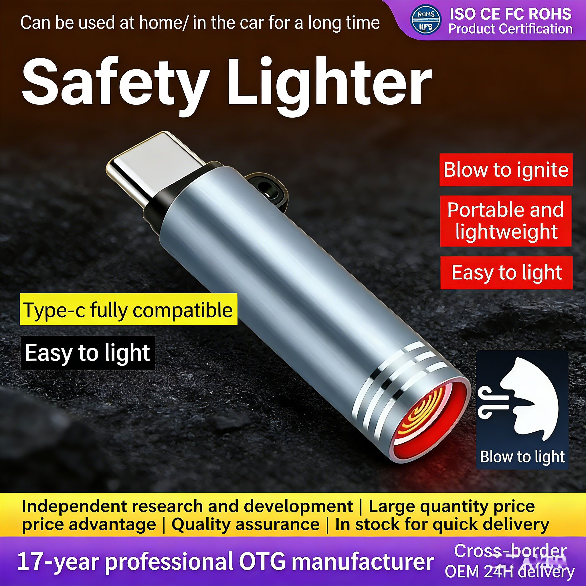 Type C phone cigarette lighter, plug and play, no need to inflate, no need to add fuel, portable mini cigarette lighter, high-temperature resistant