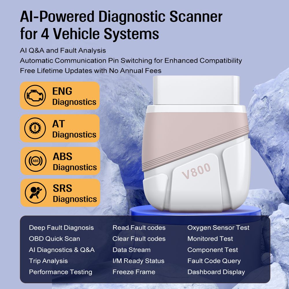 Latest model V800 OBDII car fault diagnostic tool, deep fault detection for four systems: engine, transmission, ABS, airbag; AI diagnostic and Q&A tool Supports Bluetooth 5.1, 36 vehicle brands