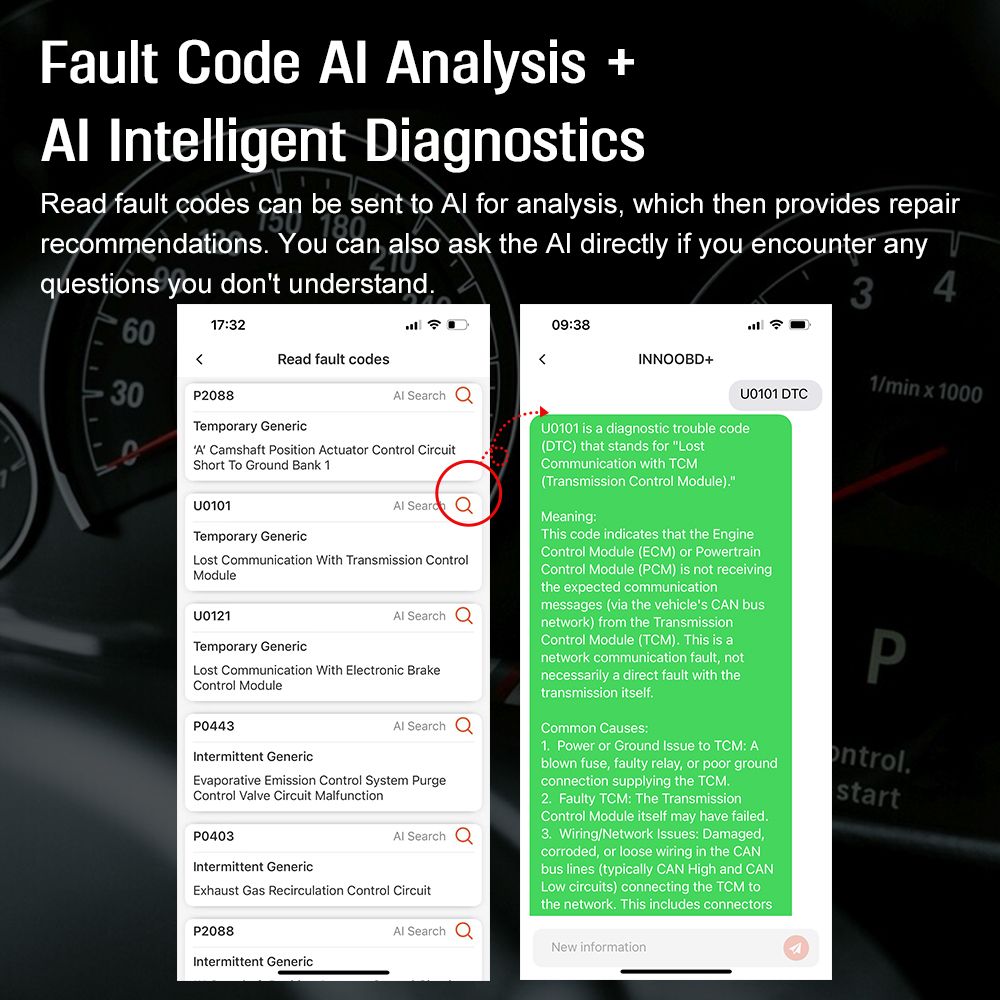 Latest model V800 OBDII car fault diagnostic tool, deep fault detection for four systems: engine, transmission, ABS, airbag; AI diagnostic and Q&A tool Supports Bluetooth 5.1, 36 vehicle brands