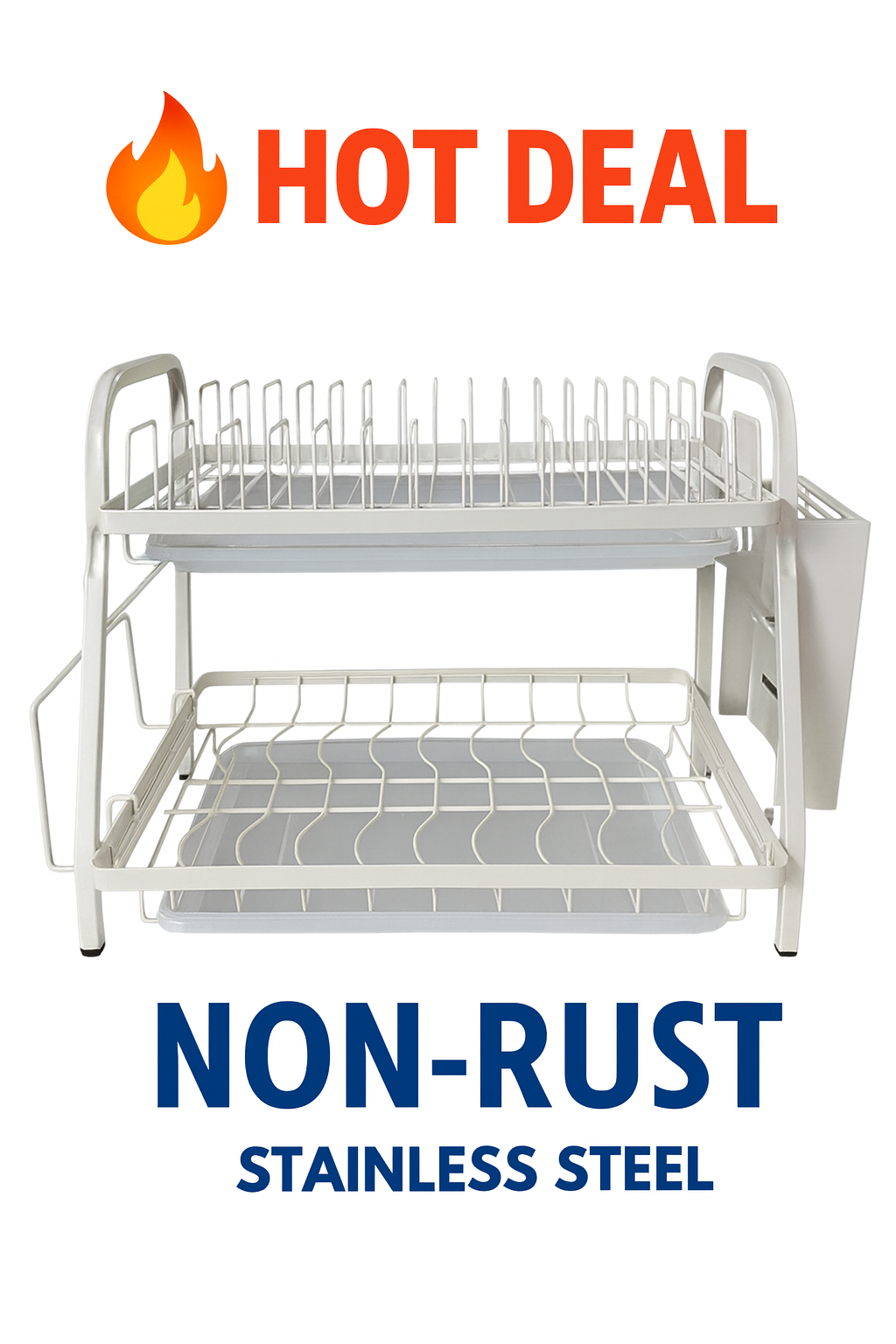 ✨ 2-Tier White Dish Rack – Heavy Duty Stainless Steel with Anti-Rust Coating | Space-Saving Drainer with Utensil & Cup Holder 🧼