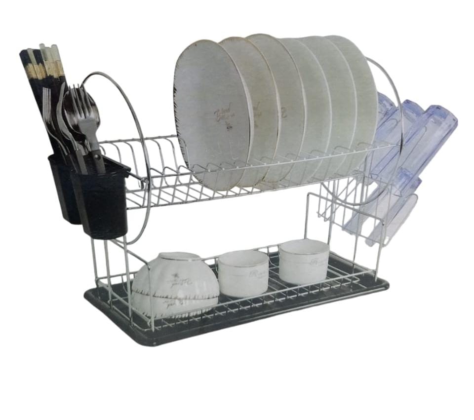 ✨ 2-Tier Stainless Steel Dish Rack – Large Capacity Drainer with Cutlery Holder & Drain Tray – Rustproof Kitchen Organizer – Black or Silver – For Plates, Bowls & Cups