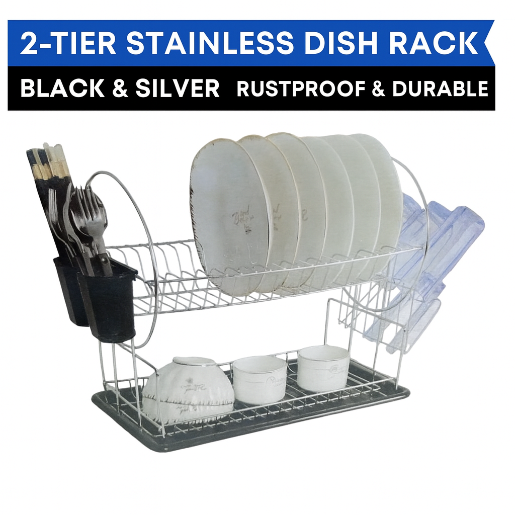 ✨ 2-Tier Stainless Steel Dish Rack – Large Capacity Drainer with Cutlery Holder & Drain Tray – Rustproof Kitchen Organizer – Black or Silver – For Plates, Bowls & Cups