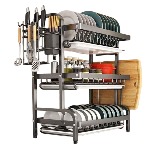 🧼 3-Tier Black Dish Rack – Heavy-Duty Stainless Steel, Space-Saving Kitchen Organizer with Utensil & Board Holders 🍽️