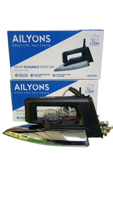 AILYONS HD Electric Dry Iron – Silver & Black, Non-Stick Soleplate, Adjustable Temperature, Fast Heating, Lightweight Design, Durable Build, 1-Year Warranty – Perfect for All Fabrics