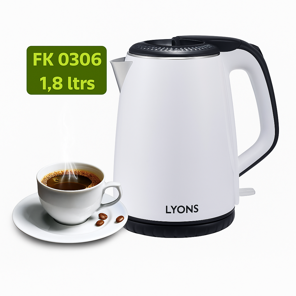 LYONS FK-0306 Electric Kettle – 1.8 Liters, Fast Boiling, Auto Shut-Off, Energy Efficient, Durable Stainless Steel Interior – Perfect for Home & Office Use