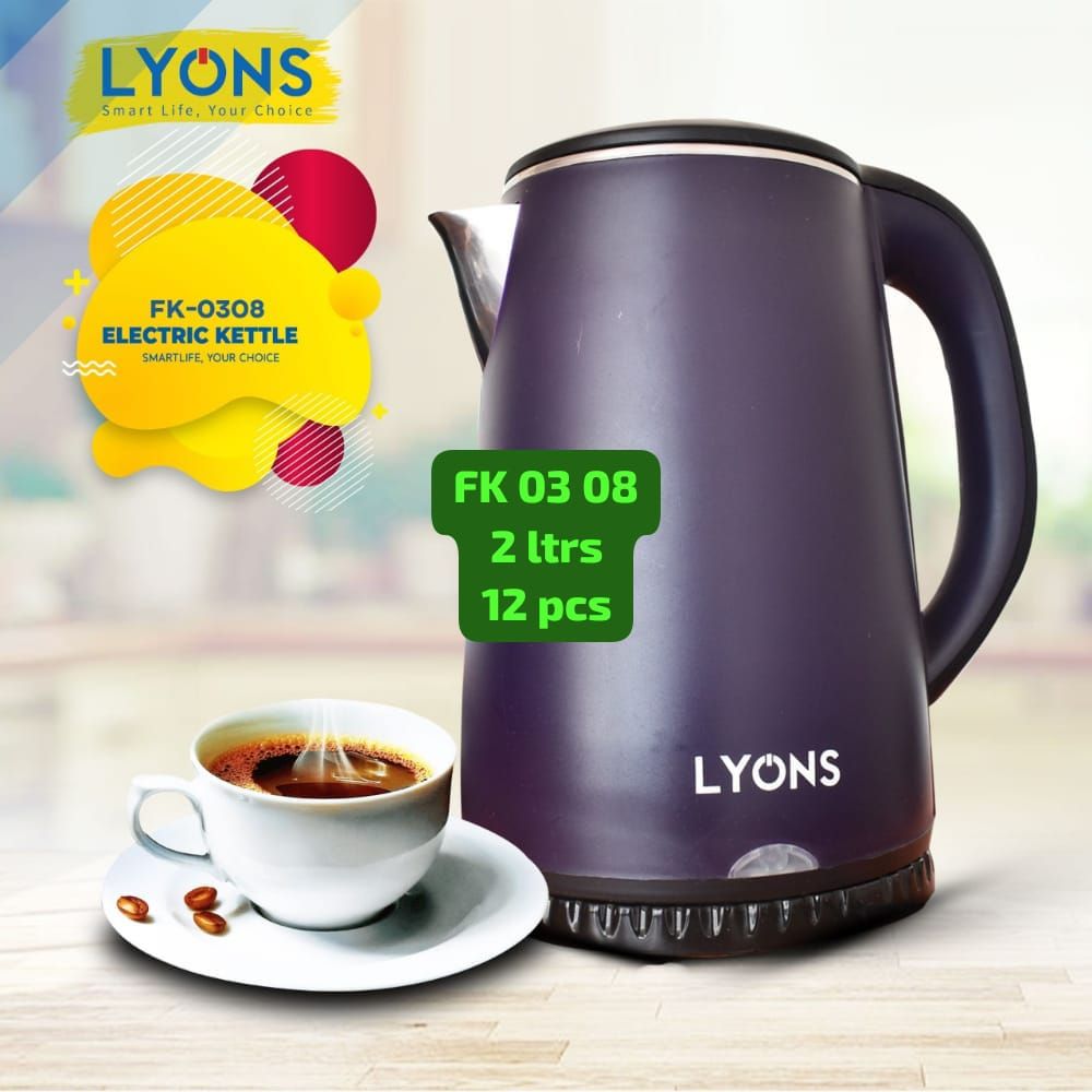 LYONS FK-0308 Electric Kettle – 1.8 Liters, Fast Boiling, Auto Shut-Off, Energy Efficient, Durable Stainless Steel Interior – Perfect for Home & Office Use