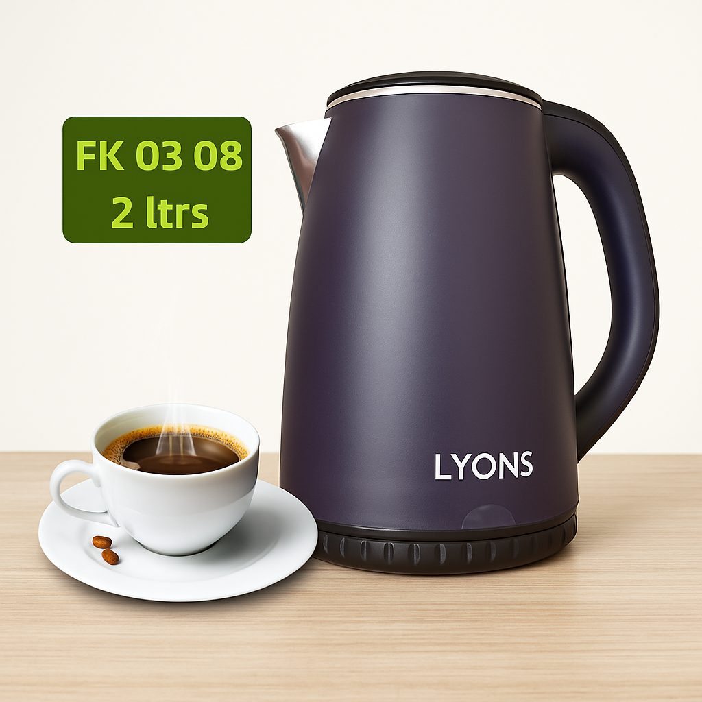 LYONS FK-0308 Electric Kettle – 1.8 Liters, Fast Boiling, Auto Shut-Off, Energy Efficient, Durable Stainless Steel Interior – Perfect for Home & Office Use