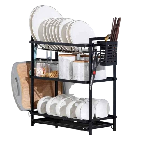 ✨ Premium 3-Tier Dish Drying Rack – Carbon Steel with Gold Finish, Cutlery Holder, Cup Hooks & Drain Tray – Space-Saving Kitchen Organizer for Plates, Bowls, Cups & Utensils ✨