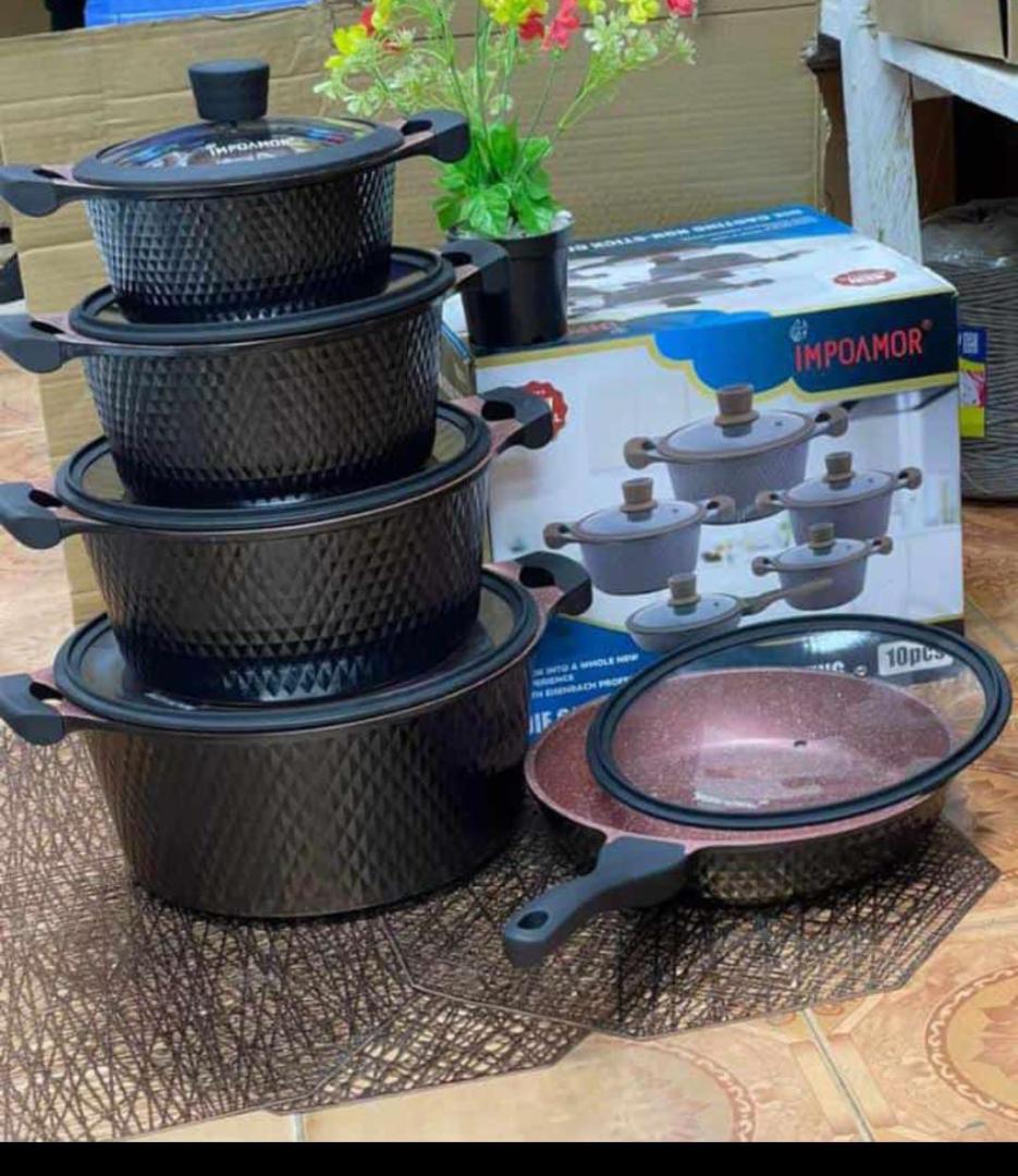 【Promotion】TC 10PCS  High Quality Granite Die-Cast Non Stick Sufuria  Cookware Set Cooking Pots (20/24/28/32cm  Casserole+28cm Fry Pan)