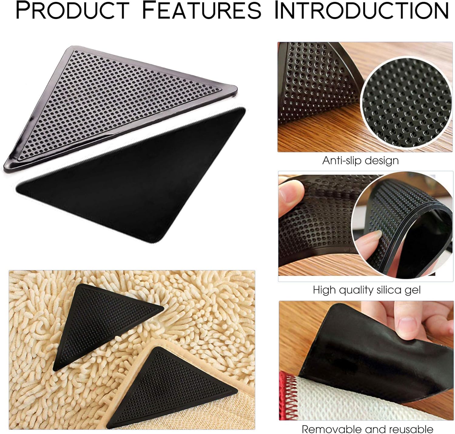 Reusable Rug Grippers RUGGIES Carpet Mat Non Slip Grip Corners Magic Pad Anti Skid for Rug Washable Silicone Grip Mat, Rug Carpet Stopper
