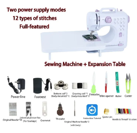 Home Sewing Machine 12 Needle Portable Mini Electric Sewing Machine Foot Pedal Dual Thread Ironing Presser Beginner 12 Built-in Stitches 2 Speed, Light, Storage Drawer,expansion table-UK plug