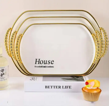 😶‍🌫️PRICE DROPPED🔥3pcs OVAL Serving Tray / Platters with Gold Handles😶‍🌫️Decorative Tabletop Organizational Accent Tray For Living Room, Dining Room, Kitchen, Ottoman, Coffee Table, Bathroom, Van