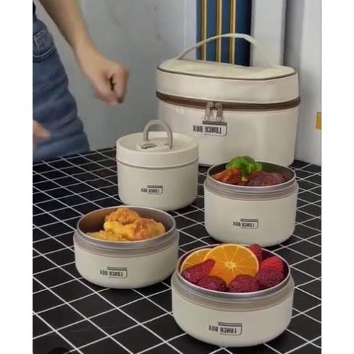 4-in-1 Insulated Thermal Lunch Box Set with Carrying Bag & Cutlery, Stackable Stainless Steel Food Storage Containers