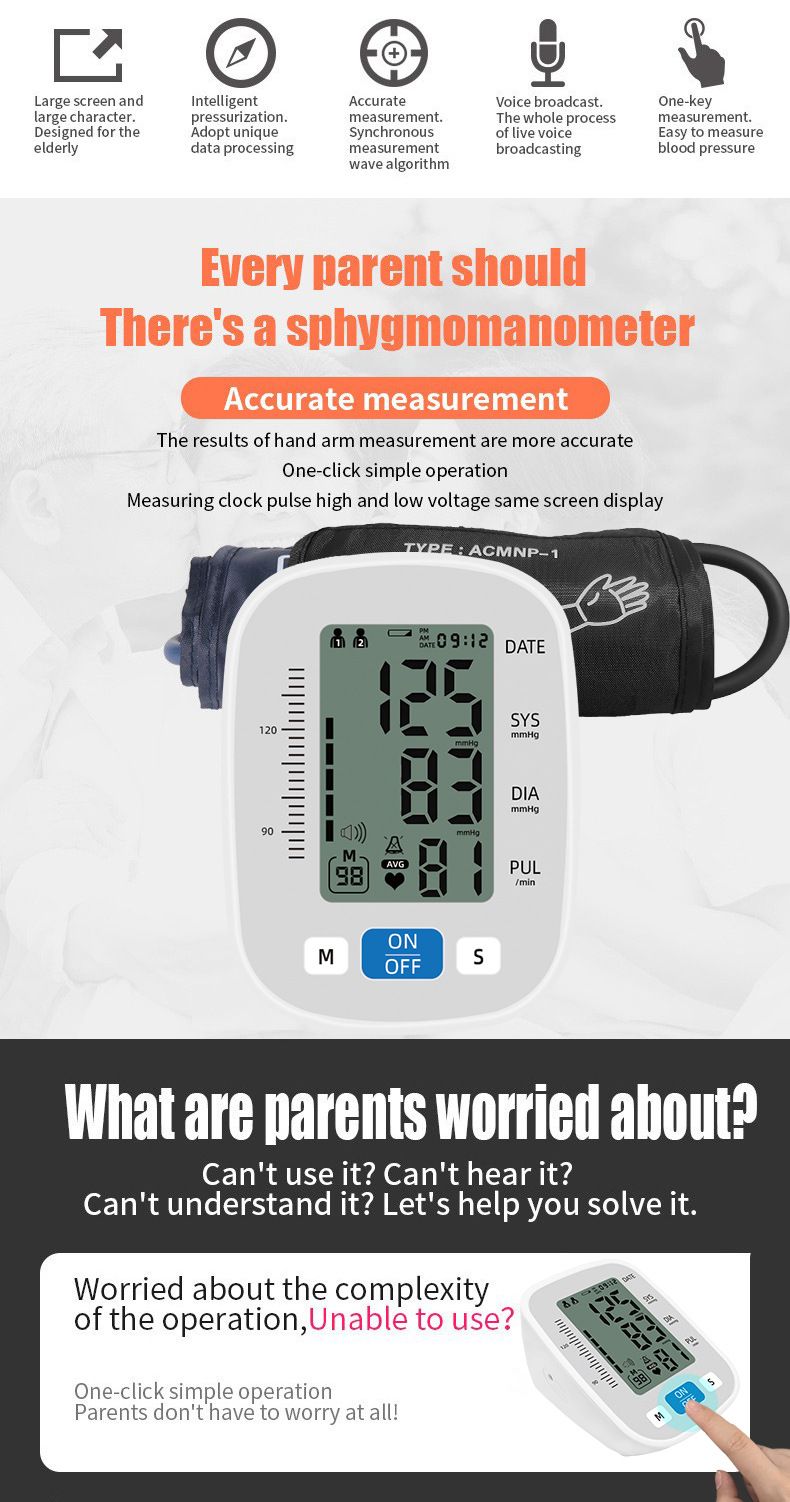 Portable Voice Blood Pressure Monitor LCD Digital Upper Arm Measurement Tool Medical Grade Accurate Measurement Home Fully Automatic Medical Equipment Heart Rate Pulse Monitor Sphygmomanometer