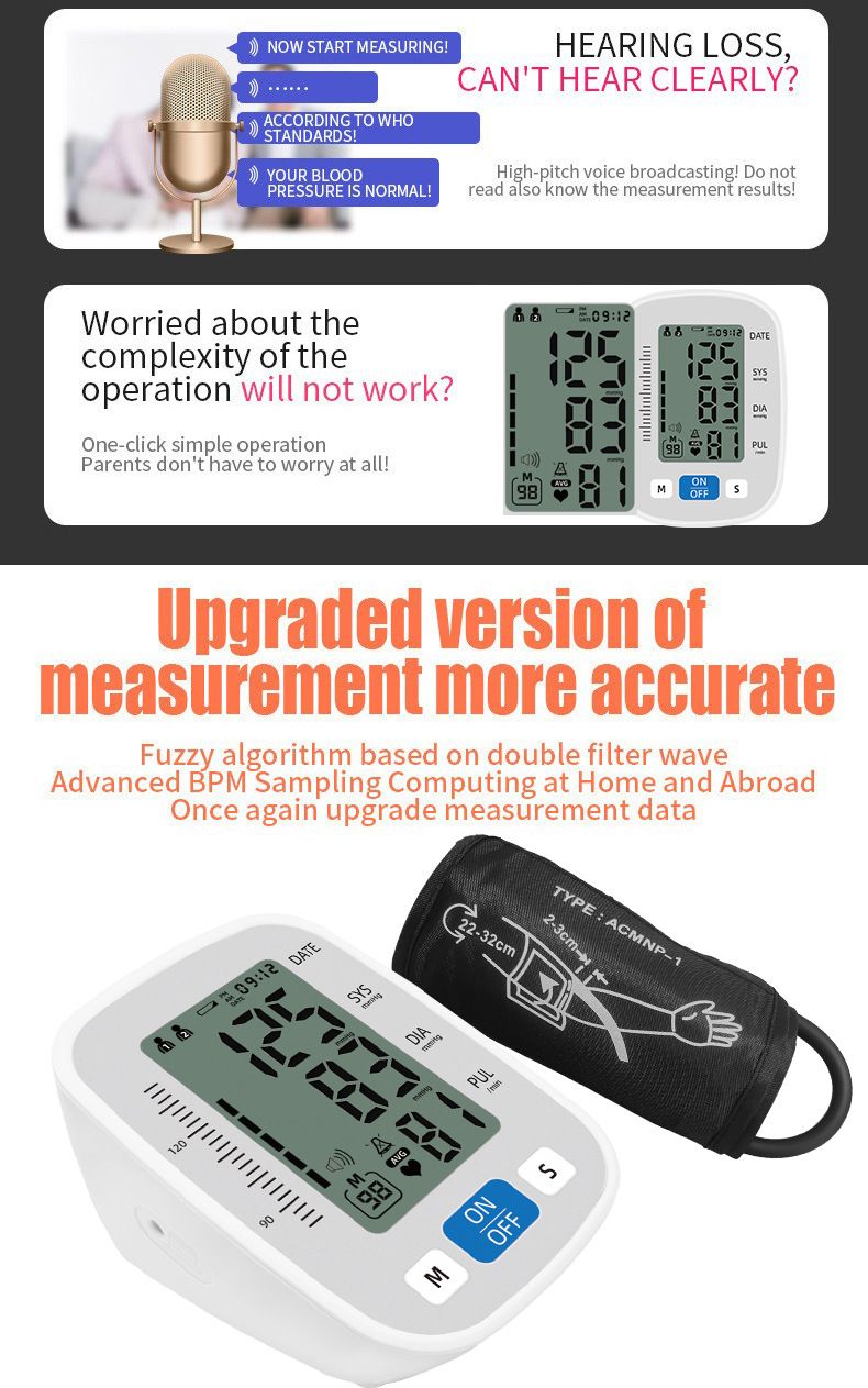 Portable Voice Blood Pressure Monitor LCD Digital Upper Arm Measurement Tool Medical Grade Accurate Measurement Home Fully Automatic Medical Equipment Heart Rate Pulse Monitor Sphygmomanometer