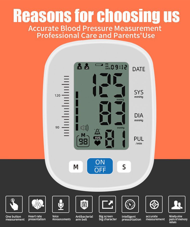 Portable Voice Blood Pressure Monitor LCD Digital Upper Arm Measurement Tool Medical Grade Accurate Measurement Home Fully Automatic Medical Equipment Heart Rate Pulse Monitor Sphygmomanometer