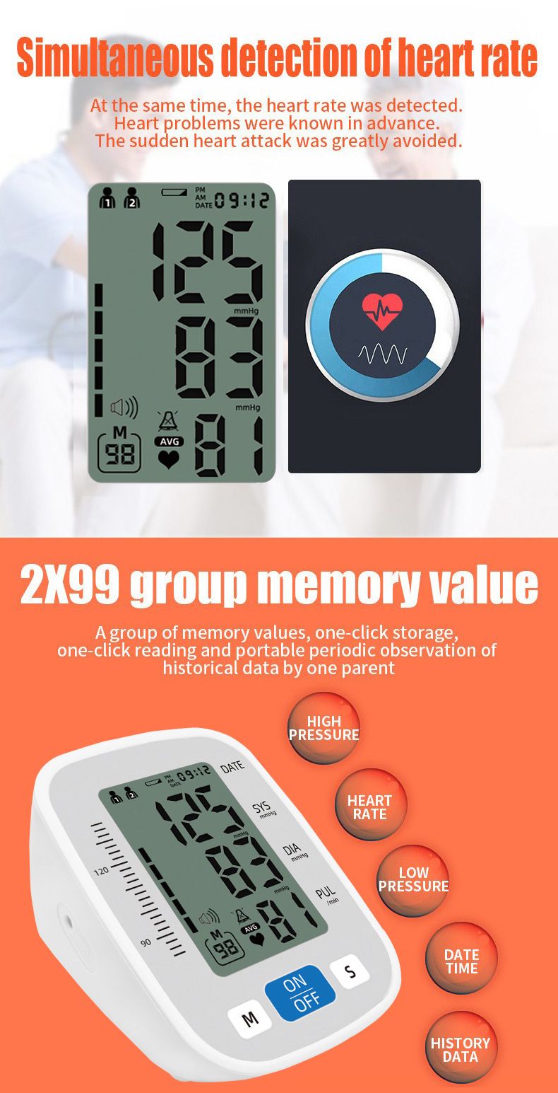 Portable Voice Blood Pressure Monitor LCD Digital Upper Arm Measurement Tool Medical Grade Accurate Measurement Home Fully Automatic Medical Equipment Heart Rate Pulse Monitor Sphygmomanometer