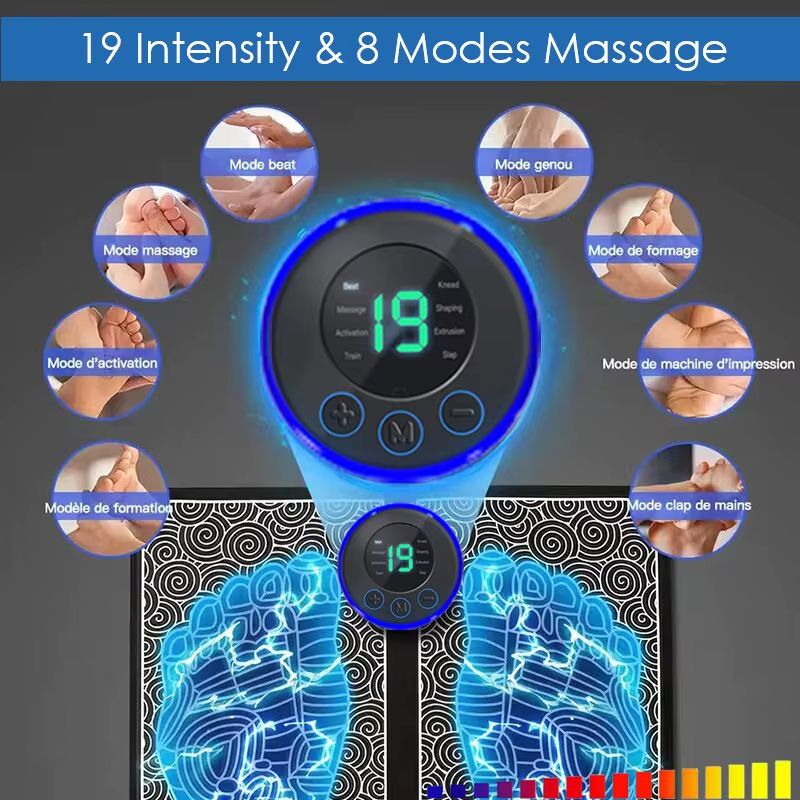 Foot  Massger Electric EMS Sole Massage Pad Feet Muscle Stimulation 8 Modes 19 Level Relaxation USB Charging Portable Foldable Massager Mat Improve Blood Circulation Relief Pain Relax Feet