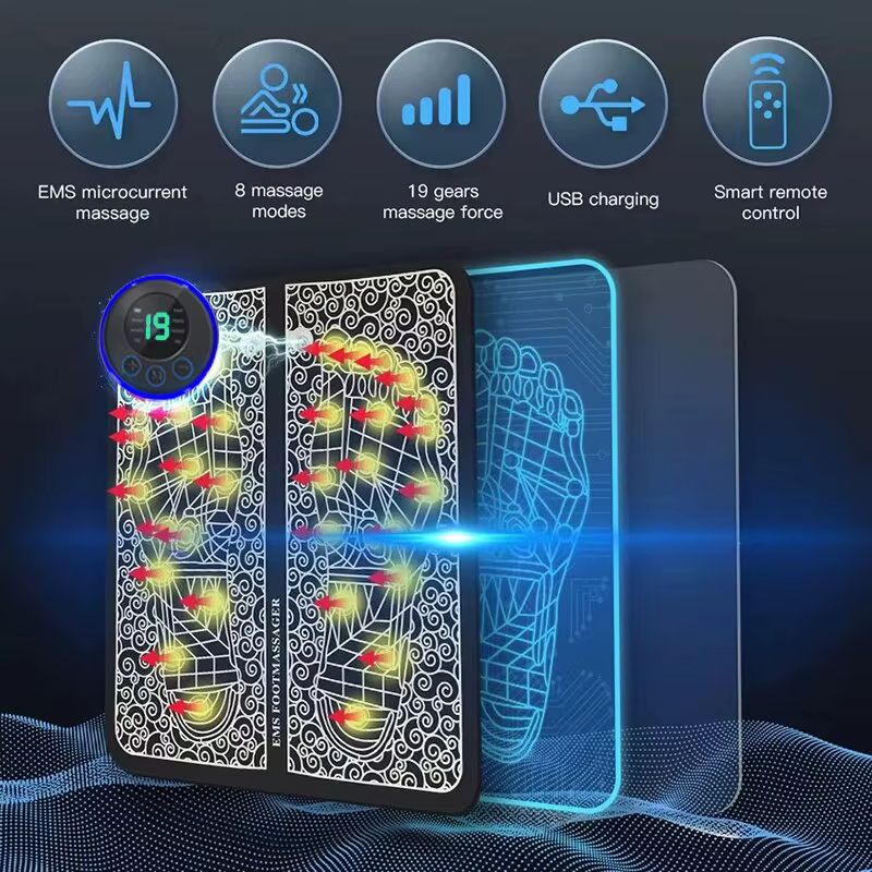 Foot  Massger Electric EMS Sole Massage Pad Feet Muscle Stimulation 8 Modes 19 Level Relaxation USB Charging Portable Foldable Massager Mat Improve Blood Circulation Relief Pain Relax Feet