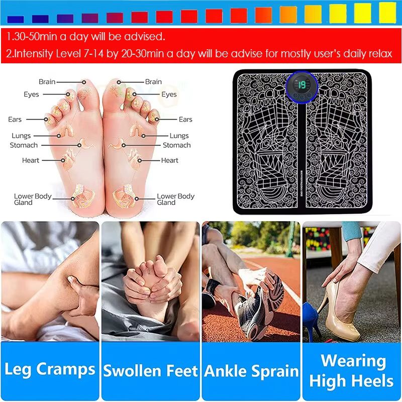 Foot  Massger Electric EMS Sole Massage Pad Feet Muscle Stimulation 8 Modes 19 Level Relaxation USB Charging Portable Foldable Massager Mat Improve Blood Circulation Relief Pain Relax Feet