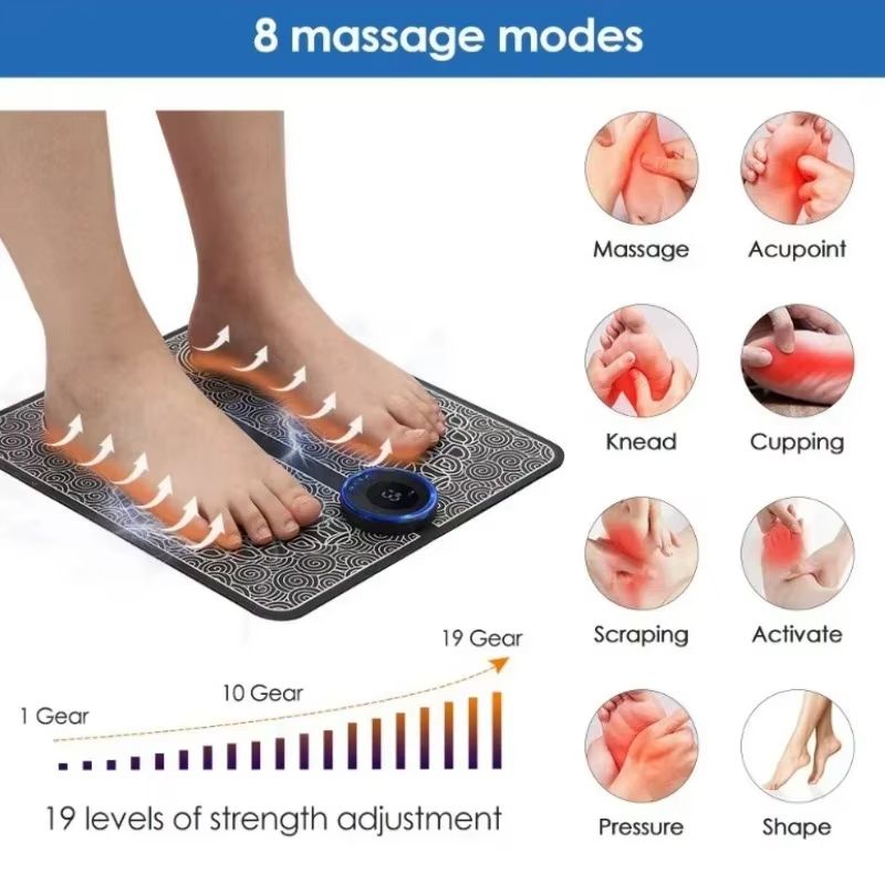 Foot  Massger Electric EMS Sole Massage Pad Feet Muscle Stimulation 8 Modes 19 Level Relaxation USB Charging Portable Foldable Massager Mat Improve Blood Circulation Relief Pain Relax Feet