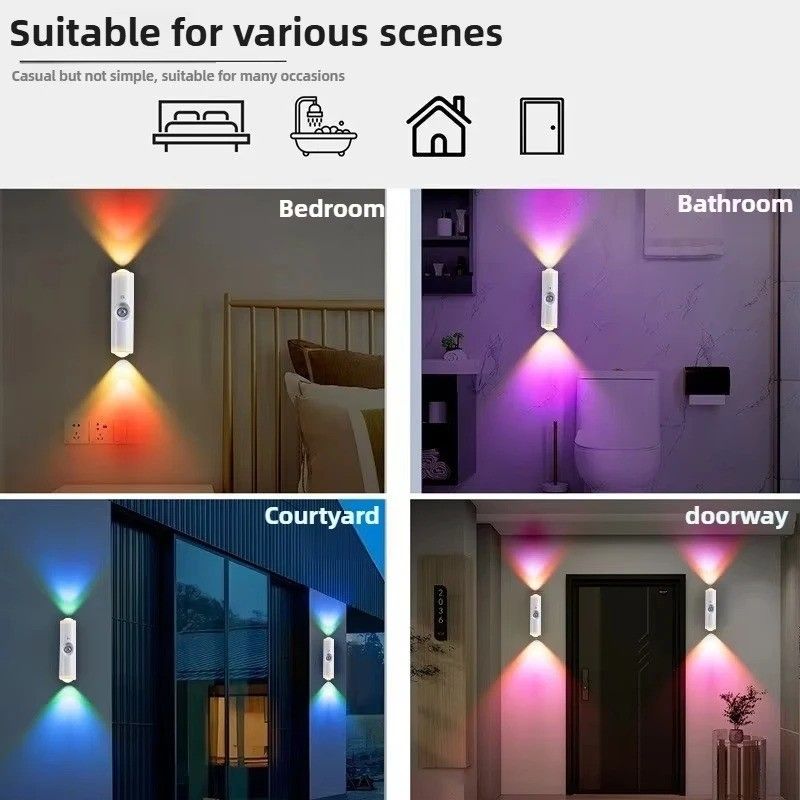 Smart RGB Gradient Night Light Magnetic Motion Sensor Rechargeable Wall Lamp LED Double-head Motion Sensor Light for Bedroom Bathroom Closet Garden Home Decor Cabinet Hallway Stair