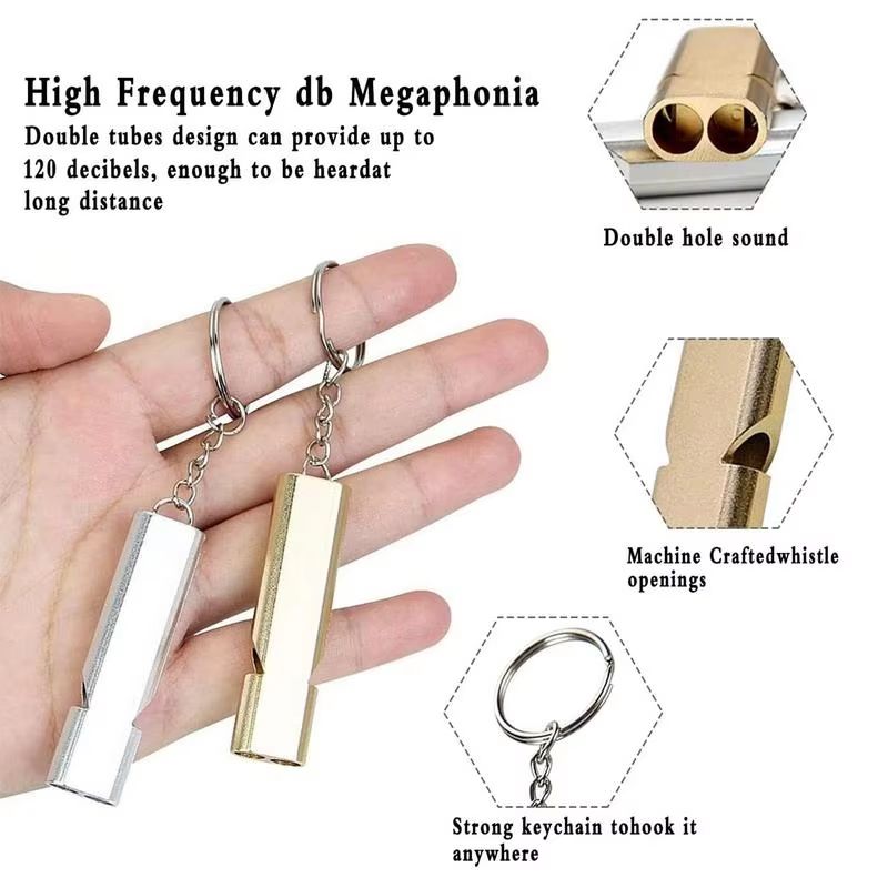 2PCS Aluminum Alloy Referee Whistle, Loud Sports Whistle with Keychain, Double-Tube High Decibel Emergency Survival Whistle for Basketball, Football, Training, Outdoor Activities and Safety