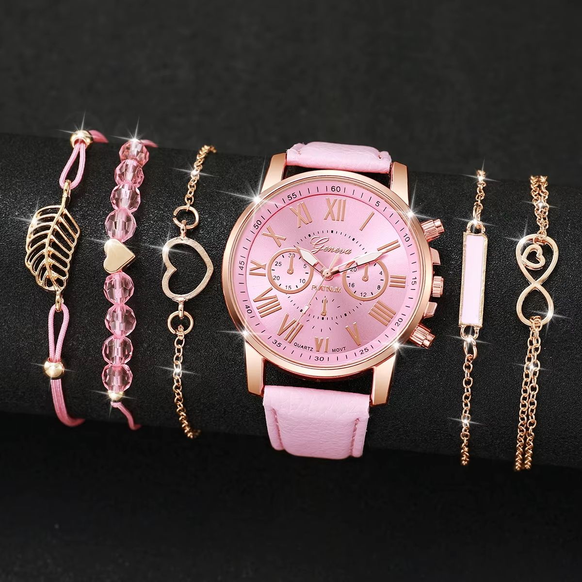 6 In 1 Women's Watch Jewelry Stylish And Casual Quartz Watch Paired With Exquisite Jewelry (Including 5 Bracelets iIn Different Styles)—Set For Daily Party Birthday Gift