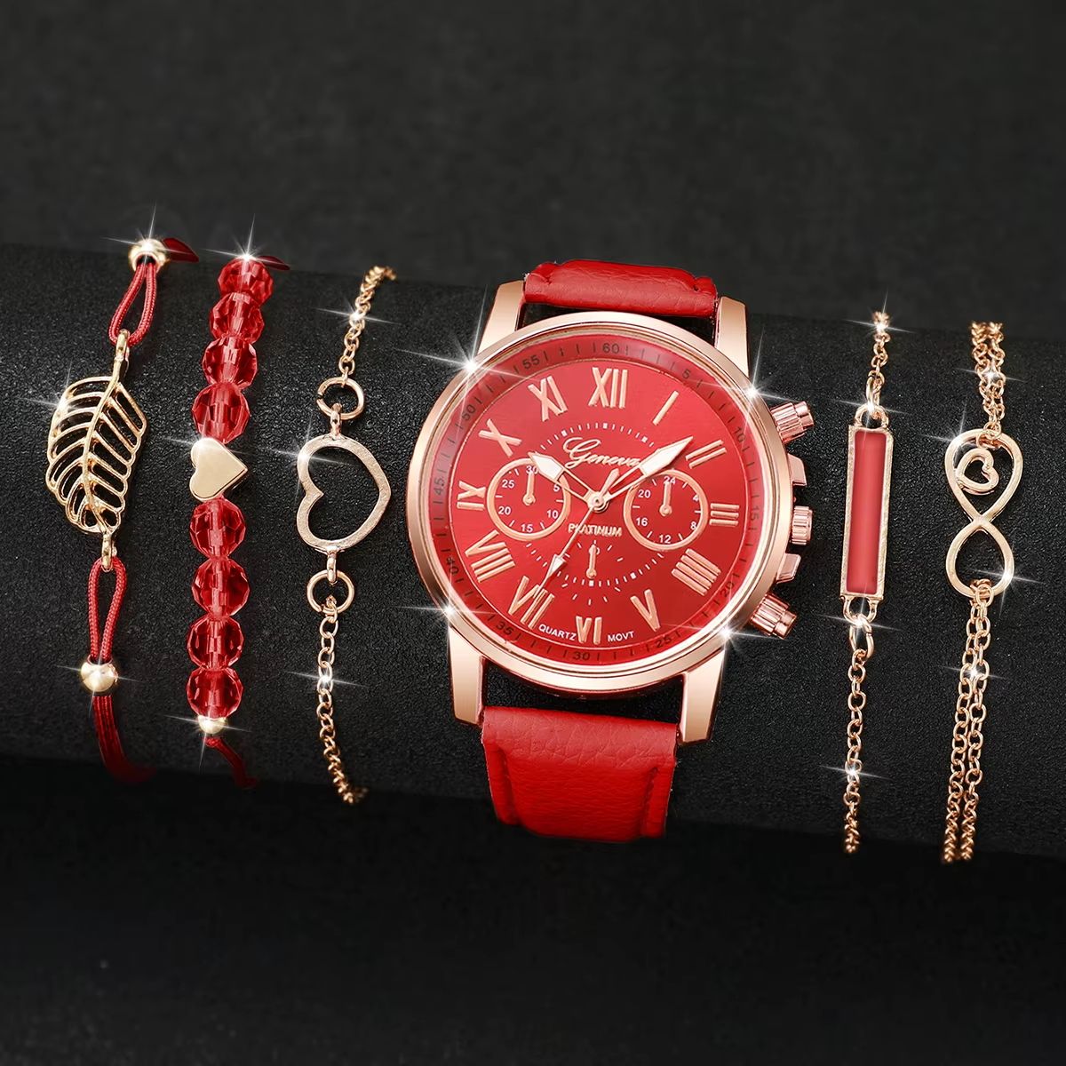 6 In 1 Women's Watch Jewelry Stylish And Casual Quartz Watch Paired With Exquisite Jewelry (Including 5 Bracelets iIn Different Styles)—Set For Daily Party Birthday Gift