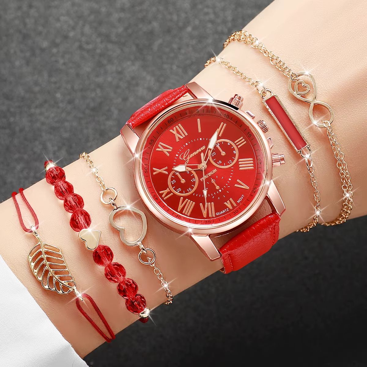 6 In 1 Women's Watch Jewelry Stylish And Casual Quartz Watch Paired With Exquisite Jewelry (Including 5 Bracelets iIn Different Styles)—Set For Daily Party Birthday Gift