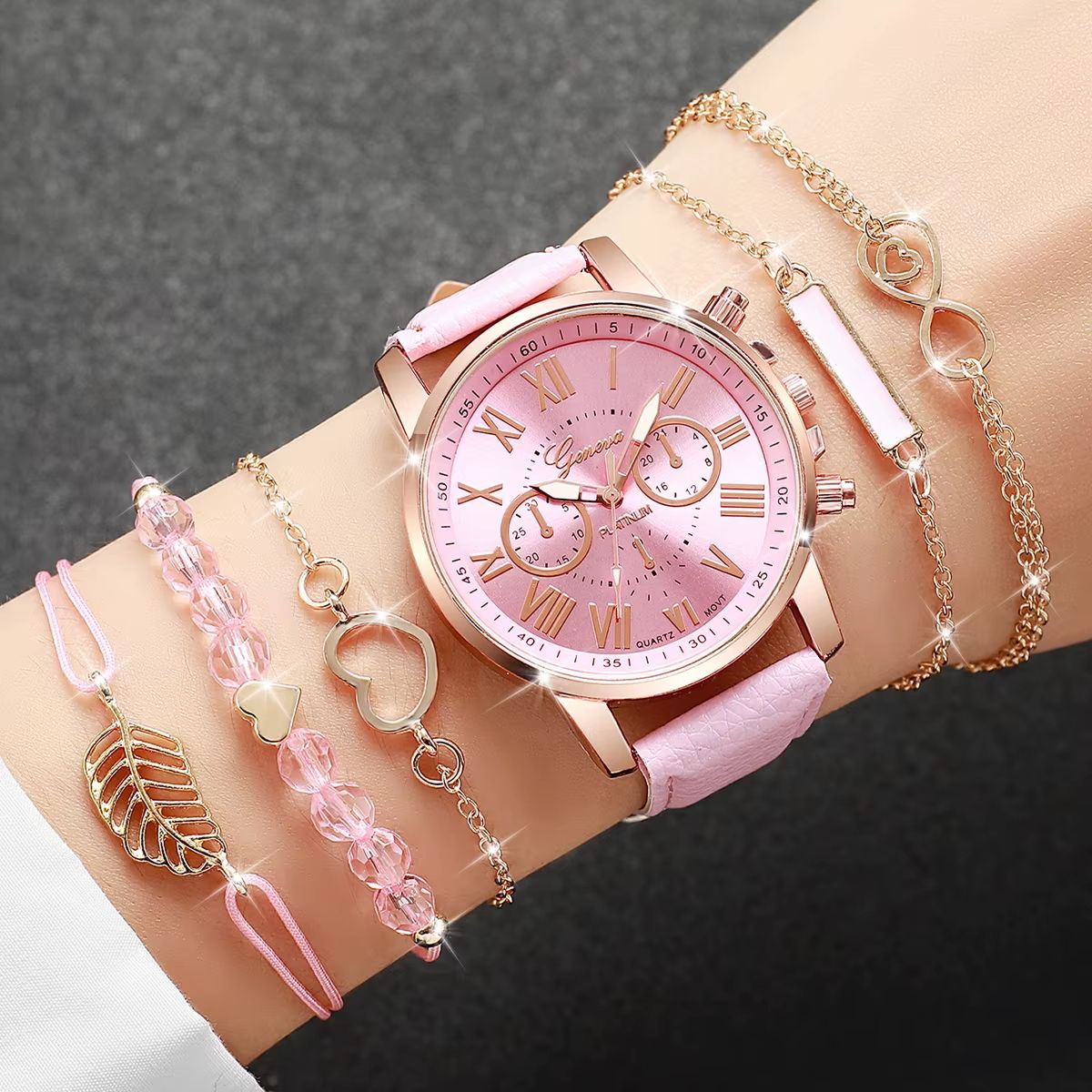6 In 1 Women's Watch Jewelry Stylish And Casual Quartz Watch Paired With Exquisite Jewelry (Including 5 Bracelets iIn Different Styles)—Set For Daily Party Birthday Gift