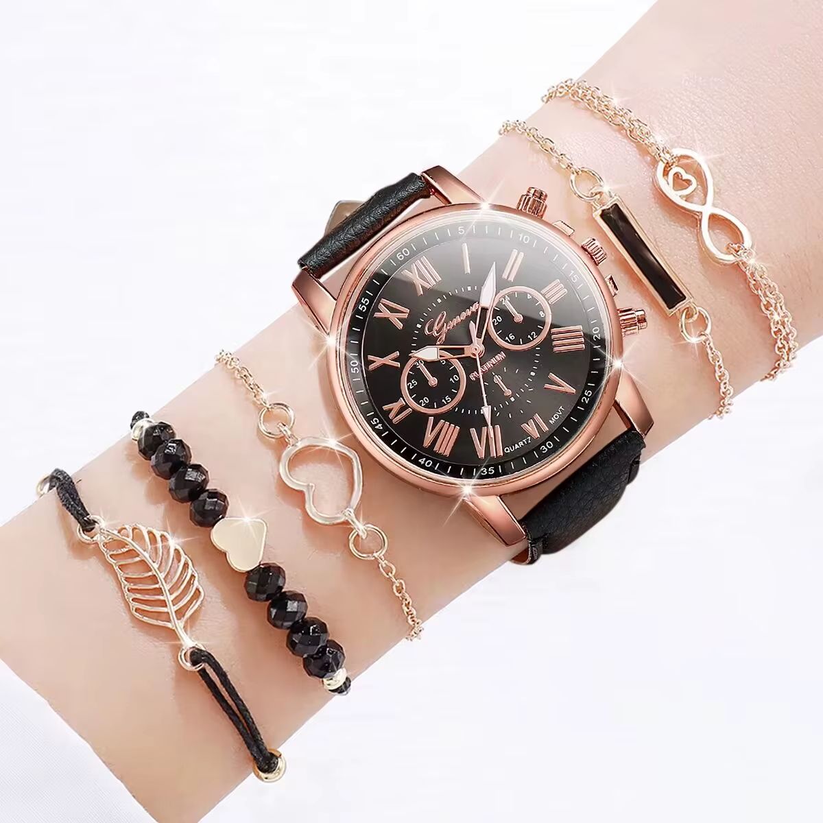 6 In 1 Women's Watch Jewelry Stylish And Casual Quartz Watch Paired With Exquisite Jewelry (Including 5 Bracelets iIn Different Styles)—Set For Daily Party Birthday Gift