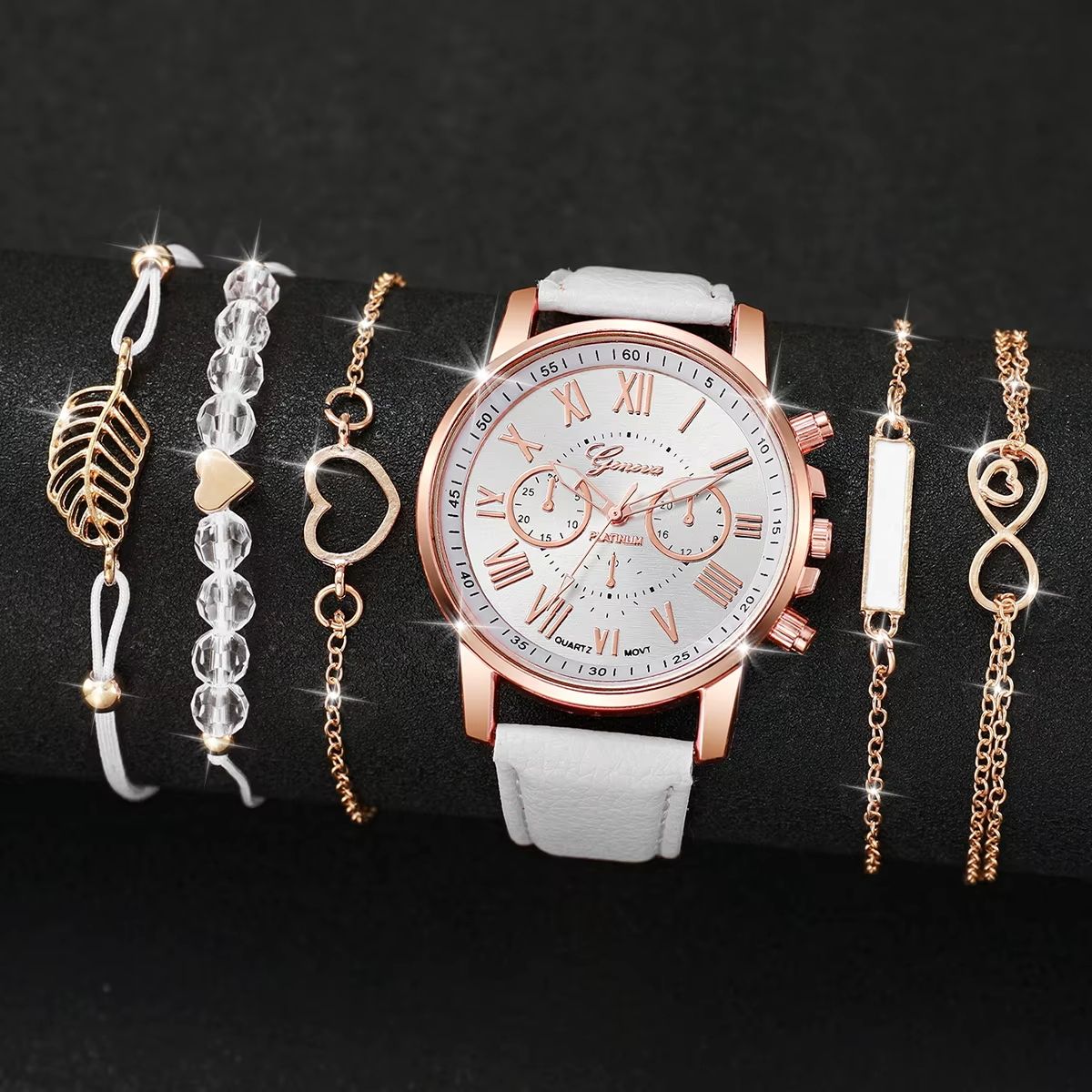 6 In 1 Women's Watch Jewelry Stylish And Casual Quartz Watch Paired With Exquisite Jewelry (Including 5 Bracelets iIn Different Styles)—Set For Daily Party Birthday Gift