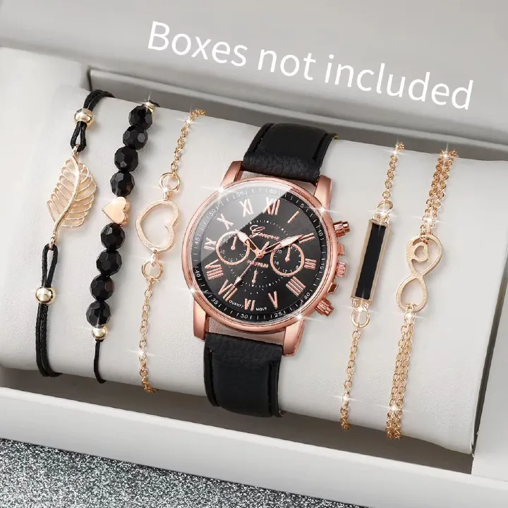 6 In 1 Women's Watch Jewelry Stylish And Casual Quartz Watch Paired With Exquisite Jewelry (Including 5 Bracelets iIn Different Styles)—Set For Daily Party Birthday Gift