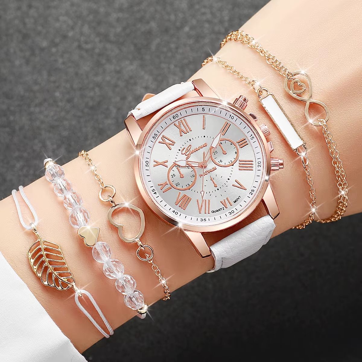 6 In 1 Women's Watch Jewelry Stylish And Casual Quartz Watch Paired With Exquisite Jewelry (Including 5 Bracelets iIn Different Styles)—Set For Daily Party Birthday Gift