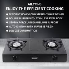 AILYONS GS017-1 Gas Stove Double Burner.1.Double Burner with Stainless Steel Body
2.Efficient Honeycomb Straight-hole Design
3.Auto Ignition with Japanese Piezo
4.Low Gas Consumption 
5.Sturdy Porcela