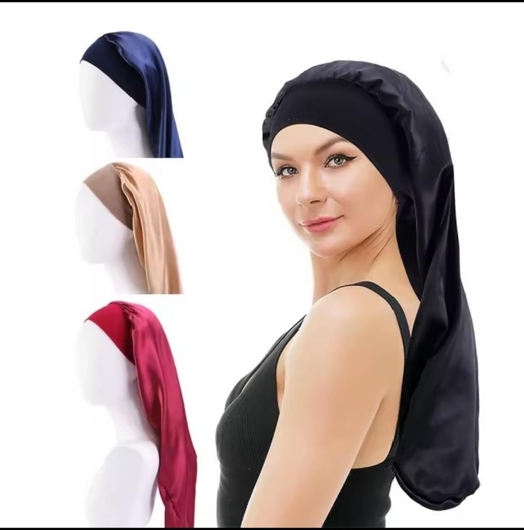 LONG SATIN BONNET FOR WOMEN – ADJUSTABLE ELASTIC BAND, HAIR PROTECTION SLEEP CAP FOR BRAIDS, LOCS & NATURAL HAIR