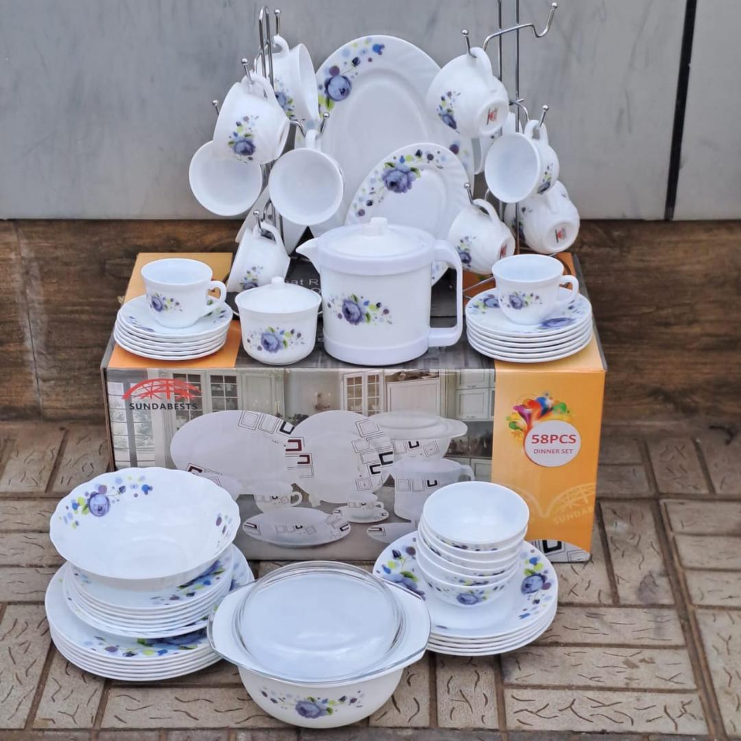 SUNDABEST 58 PCS CERAMIC DINNER SET - 20 plates 12 tea cups, 12 saucers, 1 soup bowl and 6 small bowls, 1 tea pot, 1 milk pot, 2 lids, 1 sugar dish and lid .