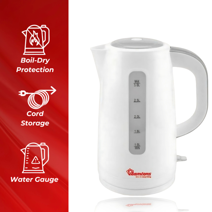The Ramtons 3L Cordless Electric Kettle RM/567 provides a convenient and efficient way to boil water for various needs. Its large capacity and user-friendly features make it ideal for families and ho