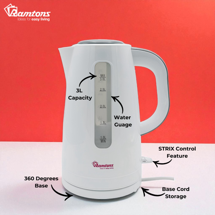 The Ramtons 3L Cordless Electric Kettle RM/567 provides a convenient and efficient way to boil water for various needs. Its large capacity and user-friendly features make it ideal for families and ho