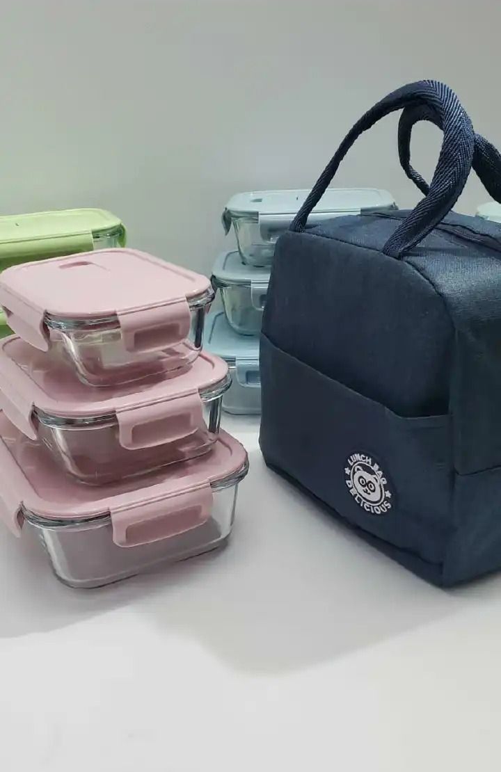 3 in 1 Classy Brand New Very Quality Glass snack box with lunch bag (Capacity:500ml,750ml,1040ml)