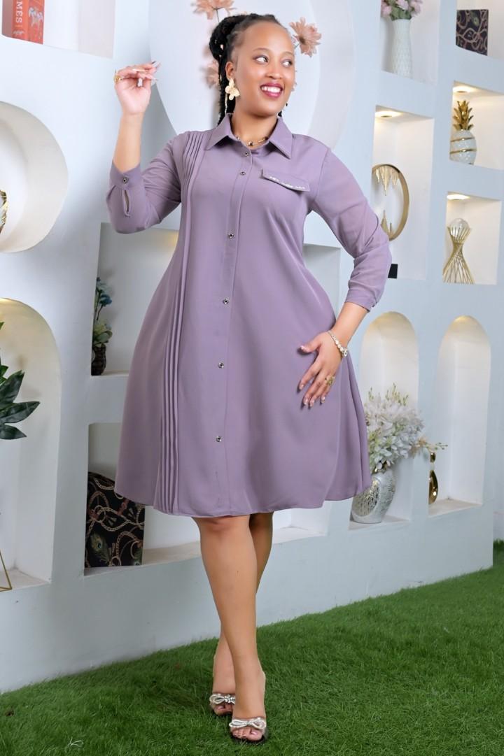 Women's Elegant Fit-and-Flare Shirt Dress: Collared Neckline, Button-Down Front, Sheer Panel Sleeves, and Front Pleat Details for Business Casual or Formal Occasion Wear.