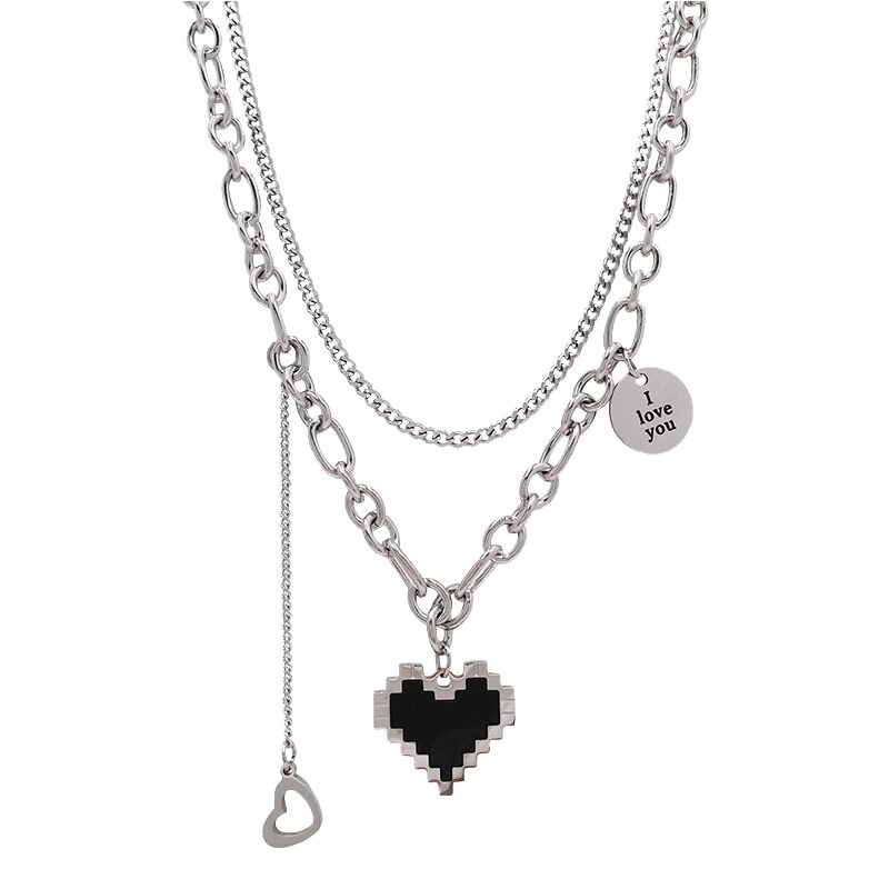 Black titanium heart necklace Hip-hop accessories sweater chain Retro double clavicle chain