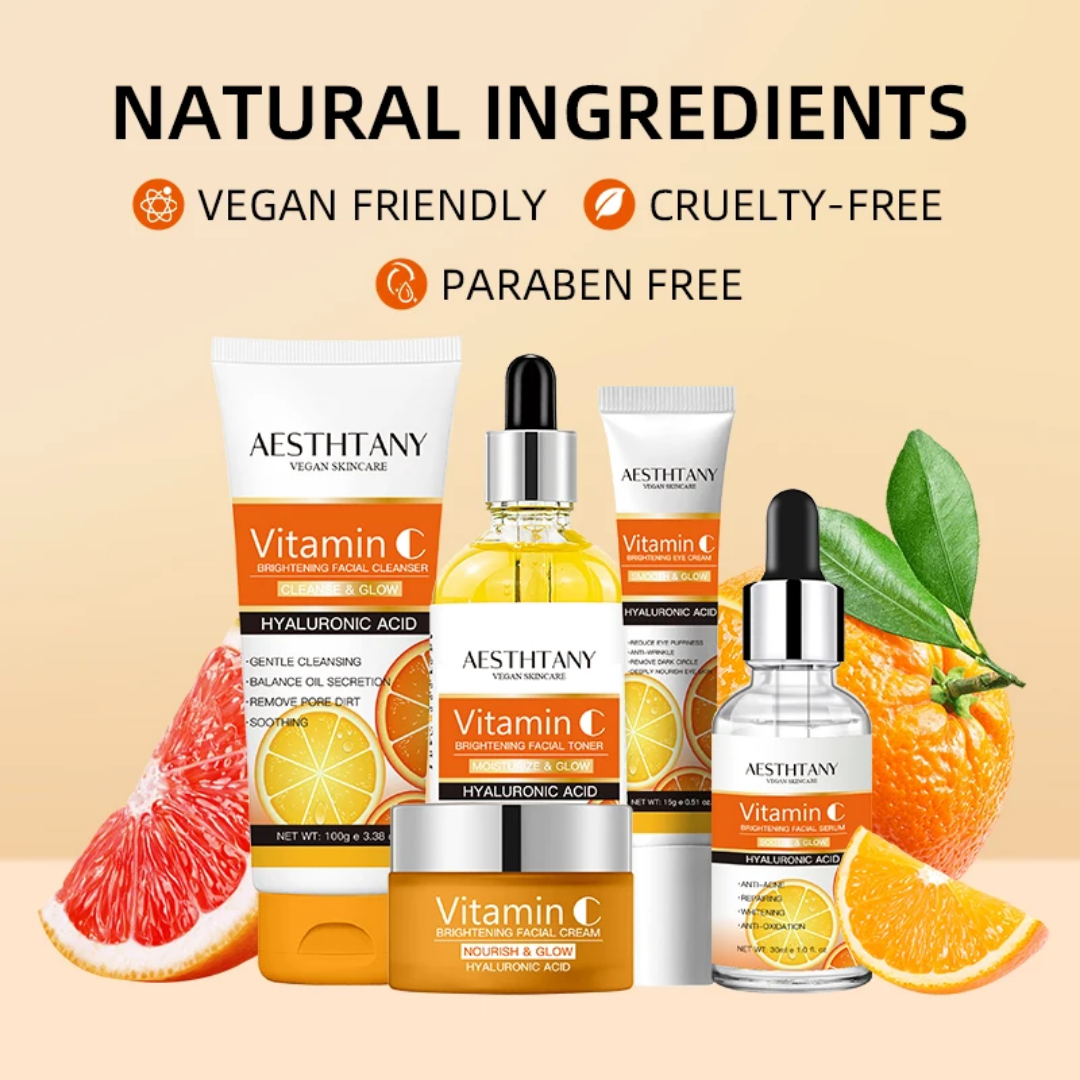 Vitamin C Skincare Set 5pcs – Brightening & Hydrating Kit with Cleanser, Toner, Serum, Cream & Eye Cream